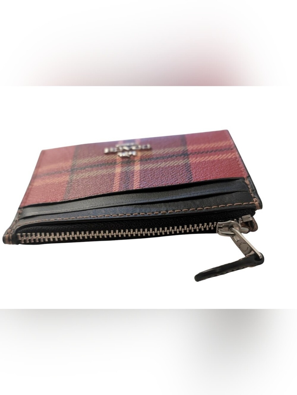 Coach Mini Skinny ID Case With Tartan Plaid Print Red & Black Wallet - Picture 3 of 5